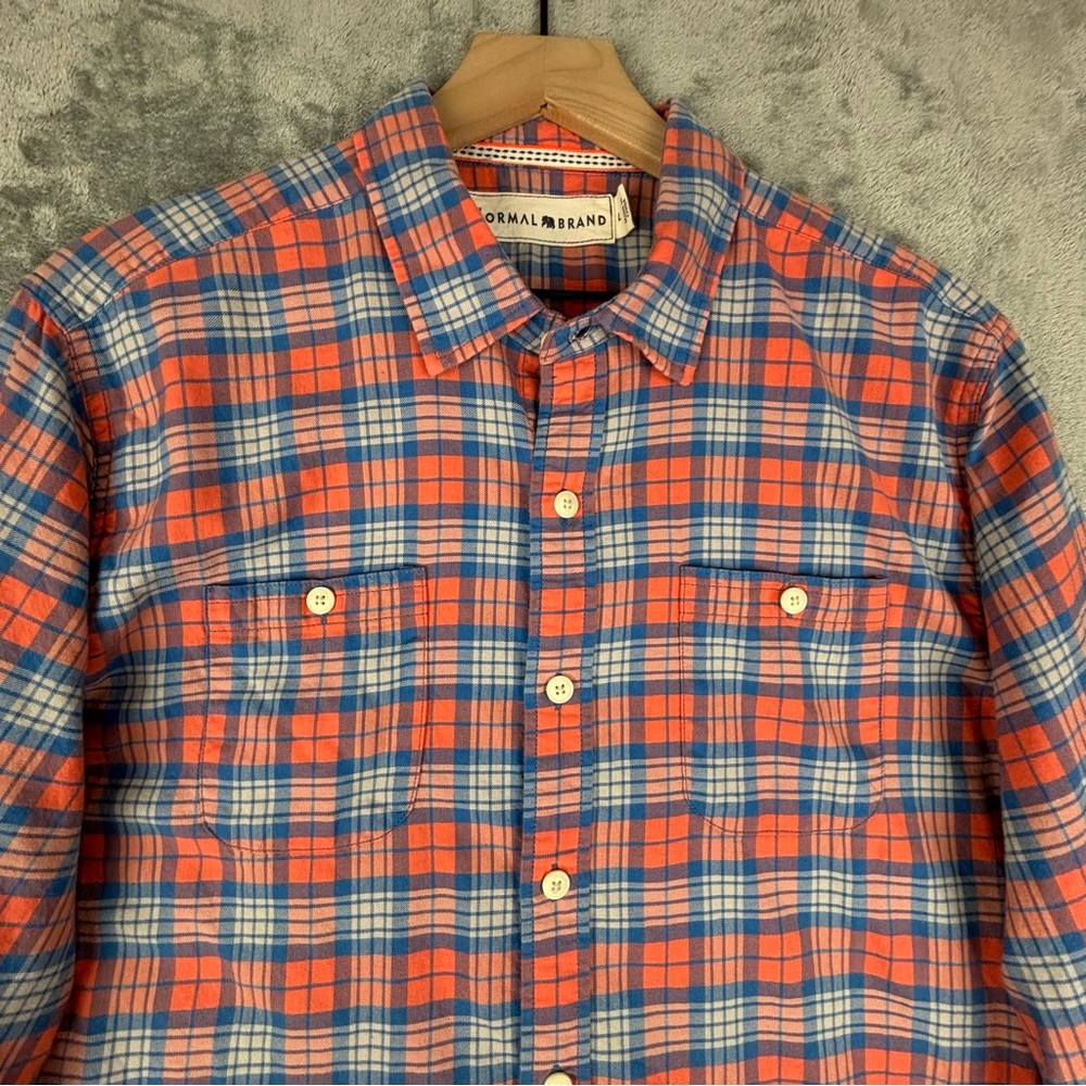The Normal Brand Shirt Mens Large Orange Blue Plaid Flannel Work Pockets Outdoor - Picture 4 of 11